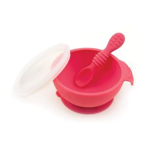Bumkins Silicone First Feeding Set with Lid & Spoon - Red 4m+