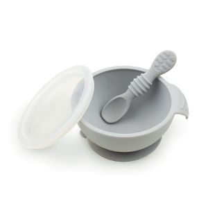 Bumkins Silicone First Feeding Set with Lid & Spoon - Grey 4m+