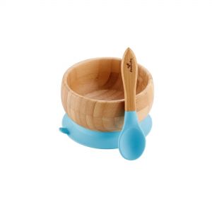 Avanchy Bamboo & Silicone Baby Suction Bowl & Spoon Blue