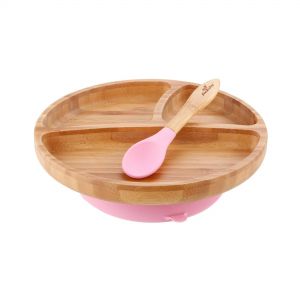 Avanchy Toddler Bamboo Stay Put Suction Divided Plate & Spoon Pink