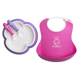 BabyBjorn Feeding Set-Pink Soft Bib,Purple Plate, Purple Spoon and Pink Fork