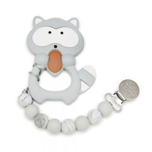 Loulou Lollipop Grey Raccoon Teether with holder set