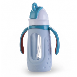 Drinkadeux Sip Jr. 6 oz. Glass Bottle w/Silicone Sleeve, Straw & Handles, Blue