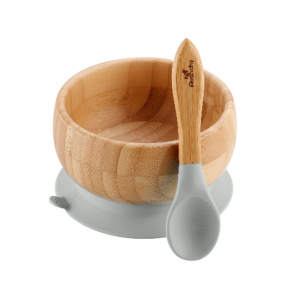 Avanchy Baby Bamboo Stay Put Suction Bowl & Spoon - Gray