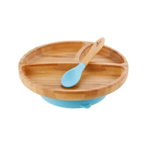 Avanchy Toddler Bamboo Stay Put Suction Divided Plate & Spoon Blue