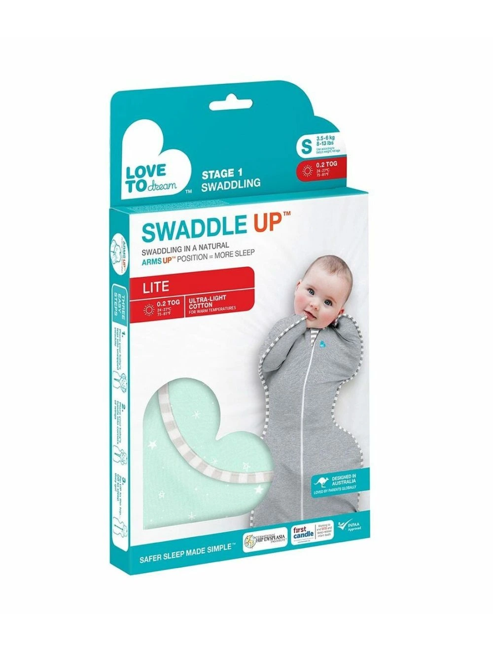 Love To Dream Swaddle UP Lite Mint Stars Medium 0.2 Tog